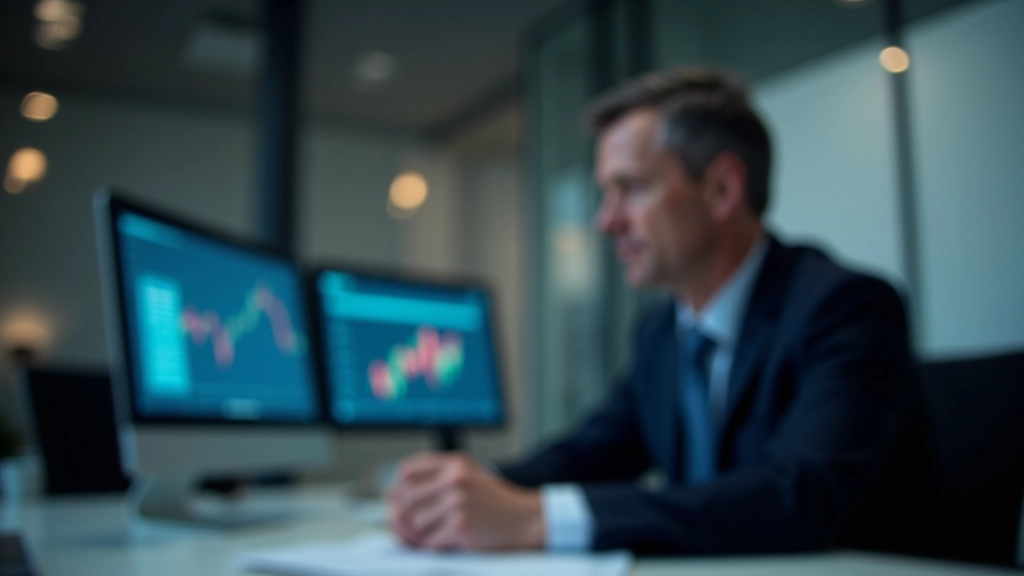 Záběr z moderní bankovny s finanční obrazovkou a pracovníkem v pozadí