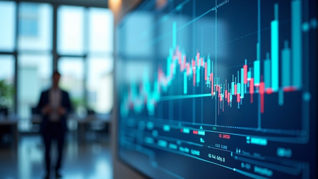 Moderní obchodní centrum s grafikou růstu a finanční data na obrazovce